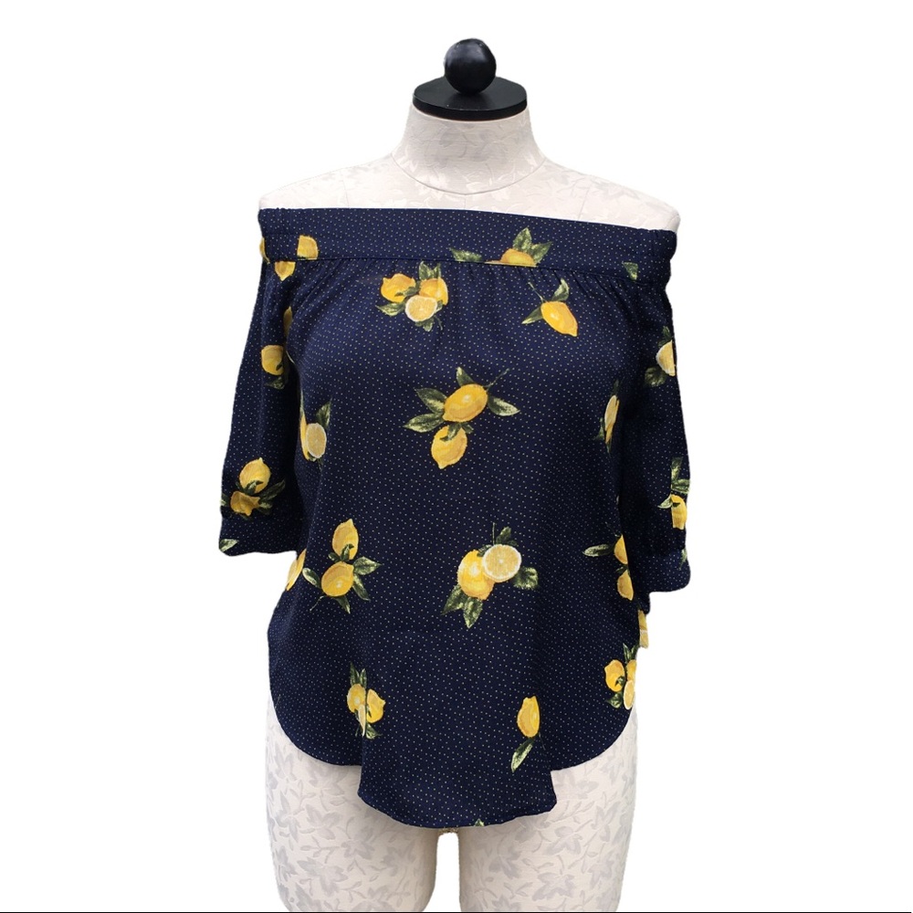 Pretty Off the Shoulder Lemon Navy Blue Summer Top Pretty Bow Sleeves M 1614